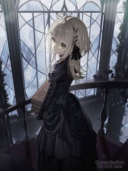 1girl ahoge black_bow black_dress black_ribbon book book_stack bow commentary_request commission dress dress_bow frilled_sleeves frills from_side gothic_lolita green_eyes grey_hair hair_between_eyes hair_ornament hair_ribbon highres holding holding_book indoors leaf_hair_ornament lolita_fashion long_hair long_sleeves mole mole_under_mouth original parted_lips ribbon sho_(sho_oe4) sidelocks skeb_commission solo stairs watermark