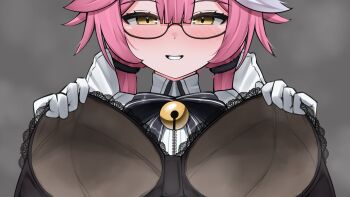 Rule 34 | 1girl, absurdres, bell, black-framed eyewear, black bow, black bra, blush, bow, bra, close-up, commentary, dress, english commentary, glasses, gloves, grey background, grin, heart, heart in eye, highres, holding, holding bra, holding underwear, holding unworn clothes, hololive, hololive english, jingle bell, lace, lace-trimmed bra, lace trim, long hair, looking at viewer, multicolored hair, nobarts, pink hair, presenting bra, raora panthera, raora panthera (maid), semi-rimless eyewear, smile, solo, steaming body, streaked hair, symbol in eye, twintails, two-tone hair, under-rim eyewear, underwear, unworn bra, virtual youtuber, white dress, white gloves, yellow eyes