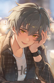 1boy blurry blurry_background buttons caelus_(honkai:_star_rail) collarbone collared_shirt commentary crew_neck grey_hair hand_on_own_head hashtag-only_commentary head_rest highres honkai:_star_rail honkai_(series) long_sleeves looking_at_viewer lower_teeth_only male_focus open_clothes open_mouth open_shirt parted_hair plaid_clothes plaid_shirt print_shirt shirt short_hair smile solo symbol-only_commentary t-shirt teeth tongue trailblazer_(honkai:_star_rail) uwon watch wristwatch yellow_eyes