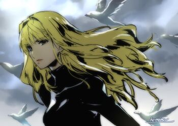 1girl bird blonde_hair brown_eyes closed_mouth commentary_request cowboy_bebop earrings highres jewelry julia_(cowboy_bebop) kotatsu_(g-rough) lipstick long_hair makeup signature solo turtleneck