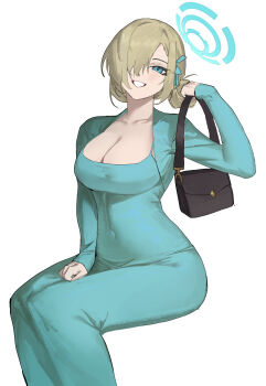 05ghxsu 1girl asuna_(blue_archive) blue_archive blue_dress blue_eyes blue_halo blush breasts brown_bag cleavage collarbone commentary covered_navel dongtan_dress dress grin hair_bun hair_over_one_eye halo highres large_breasts long_hair looking_at_viewer single_side_bun sitting smile solo symbol-only_commentary