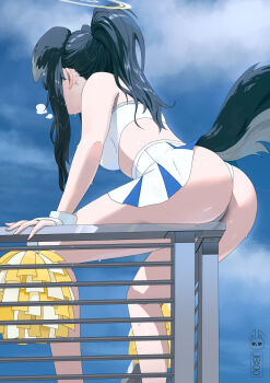 Rule 34 | 1girl, absurdres, animal ears, ass, black hair, blue archive, blue sky, breasts, cheerleader, crop top, dog ears, dog girl, dog tail, halo, hibiki (blue archive), hibiki (cheer squad) (blue archive), highres, long hair, medium breasts, midfinger, miniskirt, official alternate costume, panties, ponytail, sitting, skirt, sky, solo, sweat, tail, underwear, very long hair, white panties, white skirt, yellow halo
