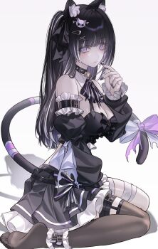 Rule 34 | 1girl, animal ear fluff, animal ears, bandaged leg, bandages, bare shoulders, black dress, black hair, black nails, black ribbon, black thighhighs, blue pupils, bow, breasts, cat ears, cat tail, character request, cleavage, closed mouth, commentary, copyright request, detached sleeves, dress, from side, hair ribbon, hand up, highres, large breasts, long hair, looking at viewer, multicolored hair, nail polish, neon (pixiv 31150749), no shoes, purple eyes, ribbon, single thighhigh, sitting, solo, streaked hair, symbol-only commentary, tail, tail bow, tail ornament, thighhighs, wariza, white hair