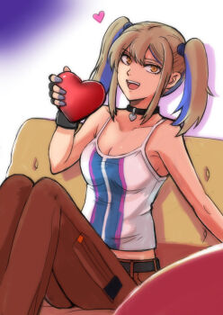 Rule 34 | 1girl, belt, black belt, black gloves, blonde hair, blue hair, box, box of chocolates, breasts, brown pants, cleavage, commentary request, couch, fingerless gloves, gacha-m, gloves, gundam, gundam hathaway's flash, hala morley, looking at viewer, on couch, open mouth, pants, purple nails, sitting, smile, solo, twintails, valentine, vest, white vest, yellow eyes