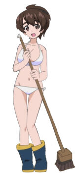 1girl alternate_costume anime_screenshot bikini black_ribbon breasts brown_eyes brown_hair girls_und_panzer hair_ribbon koyama_yuzu large_breasts long_hair looking_at_viewer official_alternate_costume open_mouth ponytail ribbon short_ponytail side-tie_bikini_bottom simple_background smile solo standing stitched swimsuit tan third-party_edit white_bikini wide_hips