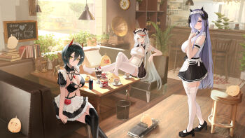 3girls :3 absurdres aegir_(azur_lane) aegir_(iron_blood's_dragon_maid)_(azur_lane) apron august_von_parseval_(azur_lane) august_von_parseval_(the_conquered_unhulde)_(azur_lane) azur_lane bare_shoulders bikini black_bikini black_bra black_dress black_hair black_skirt blush bra breasts cafe can cleavage commentary_request crossed_legs cup curious day detached_collar detached_sleeves dragon_girl dragon_horns dress drink_can ear_piercing expressionless frilled_dress frills from_side full_body garter_straps hai_binggan hair_between_eyes hair_ornament hairclip hand_up high_heels highres horns indoors large_breasts long_hair looking_at_viewer looking_back maid_headdress medium_breasts medium_hair miniskirt multicolored_hair multiple_girls piercing pleated_skirt purple_eyes purple_hair red_hair sitting skirt sleeveless sleeveless_dress slit_pupils smile standing streaked_hair swimsuit tea teacup thighhighs two-tone_hair ulrich_von_hutten_(azur_lane) ulrich_von_hutten_(mayhem_maid)_(azur_lane) underwear very_long_hair waist_apron white_apron white_hair x_hair_ornament yellow_eyes