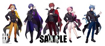5boys :d ahoge aiguillette animal_ears ankle_boots anklet aoto_(doll's_requiem) arm_at_side bead_necklace beads belt black_belt black_boots black_bow black_bowtie black_coat black_horns black_nails black_necktie black_ribbon black_shoes black_wings blonde_hair blue_cape blue_eyes blue_hair blue_pants blue_shirt boots bow bowtie braid buttons cape cat_boy cat_ears cat_tail center-flap_bangs chess_piece_earrings closed_mouth coat coattails collared_shirt curtained_hair demon_boy demon_horns demon_tail demon_wings detached_wings doll's_requiem double-breasted earrings fingernails flower_facial_mark frilled_shirt_collar frills full_body fumaru_(doll's_requiem) hair_ornament hair_over_one_eye hand_in_pocket hand_on_own_hip hand_up hands_on_own_hips hat heterochromia highres horns ito_(doll's_requiem) jester_cap jewelry kitsunebi_v3kokonn lace-up_boots lapels lineup loafers long_sleeves looking_at_viewer male_focus mini_wings misora_(doll's_requiem) multiple_boys multiple_tails nail_polish neck_ribbon necklace necktie nekomata notched_lapels official_art open_collar open_mouth orange_pants orange_shirt pants pants_tucked_in parted_bangs pink_cape pink_hair pink_shirt pointy_ears purple_cape purple_eyes purple_hair purple_pants purple_shirt qingdai_guanmao red_cape red_eyes red_hair red_pants red_shirt ribbon ring sample_watermark sharp_fingernails shirt shoes short_hair shorts side_braid side_cape simple_background single_earring smile standing star_(symbol) star_hair_ornament swept_bangs tail two-tone_hat two_tails uni_(doll's_requiem) wallet_chain watermark watermark_grid waving white_background white_shorts wings yellow_cape