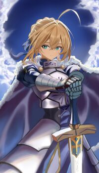 Rule 34 | 1girl, absurdres, aqua eyes, armor, artoria pendragon (fate), blonde hair, blue cape, blue dress, blue ribbon, breastplate, cape, closed mouth, commentary, dress, fate/grand order, fate (series), faulds, fur trim, gauntlets, hair bun, hair ribbon, highres, holding, holding sword, holding weapon, kaka (abclkj12), long hair, looking at viewer, ribbon, saber (fate), sidelocks, single hair bun, solo, sword, very long hair, weapon