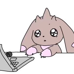 animated computer crying crying_with_eyes_open desk digimon digimon_(creature) horns laptop long_ears lopmon tears video