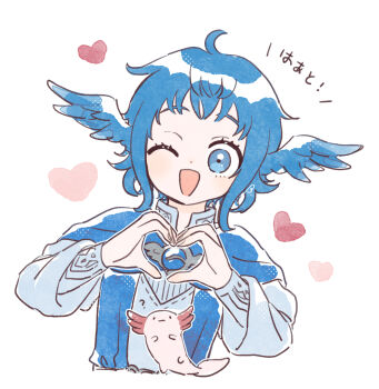 1girl ;d ahoge axolotl bebe_0620 bird_wings blue_capelet blue_eyes blue_gem blue_hair brooch capelet collared_shirt cropped_torso feathered_wings final_fantasy final_fantasy_xiv gem grey_shirt head_wings heart heart_hands highres jewelry long_sleeves looking_at_viewer meteion one_eye_closed open_mouth shirt short_bangs short_hair simple_background smile solo upper_body white_background wings