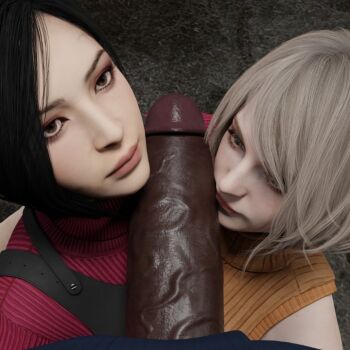 1boy 2girls 3d ada_wong ashley_graham ashley_graham_(ella_freya) ashley_graham_(remake) black_hair blonde_hair capcom dark-skinned_male dark_skin huge_penis interracial kneeling multiple_girls penis penis_on_face pov resident_evil resident_evil_4 resident_evil_4_(remake)