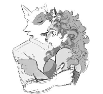 1boy 1girl animal_ears carmelita_fox closed_eyes commentary crying english_commentary fox_ears fox_girl greyscale highres hug katiewilliams kiss kissing_forehead long_hair monochrome raccoon_boy raccoon_ears sketch sly_cooper sly_cooper_(series) tears wavy_hair white_background