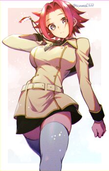 1girl arm_at_side ashford_academy_school_uniform black_necktie black_skirt border breasts closed_mouth code_geass commentary_request eyelashes feet_out_of_frame forehead from_below frown grey_eyes hand_up highres jacket kouzuki_kallen large_breasts light_particles looking_at_viewer medium_hair miniskirt necktie parted_bangs pink_background red_hair school_uniform simple_background skirt solo soraao0322 spiked_hair split_mouth standing thighhighs white_border white_thighhighs wide-eyed yellow_jacket zettai_ryouiki