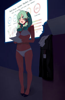 1girl absurdres blush bra chart computer embarrassed english_text exhibitionism female_pervert full_body green_eyes green_hair high_heels highres holding holding_paper horns id_card indoors laptop map medium_hair nervous original panties paper pervert public_indecency solo some1else45 standing sweat underwear underwear_only white_bra white_panties