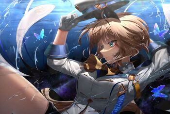 Rule 34 | 1girl, amekudaki, animal ears, ascot, black shorts, blue cape, blue eyes, blush, breasts, brown hair, bug, butterfly, cape, cheval grand (grand itineraire) (umamusume), cheval grand (umamusume), closed mouth, commentary, ear covers, gloves, hair between eyes, hat, hat belt, highres, holding, holding unworn clothes, holding unworn hat, horse ears, horse girl, horse tail, insect, jacket, long hair, medium breasts, multicolored hair, peaked cap, revision, shorts, single glove, solo, streaked hair, tail, umamusume, unworn hat, unworn headwear, water, white hair, white hat, white jacket, yellow ascot