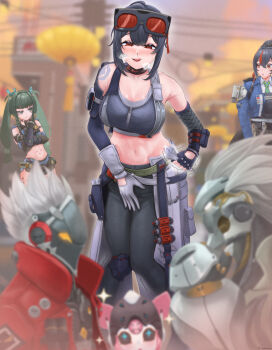 Rule 34 | + +, 2boys, 4girls, absurdres, adjustable wrench, android, aria (zenless zone zero), arm pouch, asymmetrical gloves, banyue (zenless zone zero), bare shoulders, billy kid, black gloves, black hair, black pants, black sclera, black sports bra, blue eyes, blue jacket, blurry, blurry background, breasts, cleavage, closed mouth, colored sclera, commentary request, fingerless gloves, gloves, goggles, goggles on head, grace howard, green eyes, green hair, grey hair, hair between eyes, hair ornament, half-closed eyes, hand on own crotch, heavy breathing, highres, holding, holding wrench, holster, humanoid robot, jacket, large breasts, licking lips, midriff, mismatched gloves, multicolored hair, multiple boys, multiple girls, navel, open mouth, pants, police, police badge, police uniform, policewoman, qingyi (zenless zone zero), red eyes, red hair, red jacket, robot, robot boy, robot girl, shoulder holster, single fingerless glove, sparkle, sphere hair ornament, spiked hair, sports bra, sweat, tongue, tongue out, uganomono, white gloves, wrench, yellow eyes, zenless zone zero, zhu yuan, zipper top