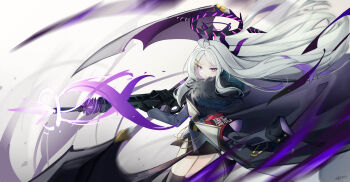 1girl absurdres ahoge armband black_coat black_gloves black_halo black_skirt blue_archive coat coat_on_shoulders demon_girl demon_horns demon_wings gloves gun halo highres hina_(blue_archive) holding holding_gun holding_weapon horns long_hair looking_at_viewer low_wings machine_gun mg42 purple_eyes red_armband shiqi_tokii skirt solo standing very_long_hair weapon white_hair wings