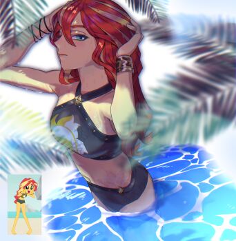 1girl absurdres aqua_eyes arms_up bare_arms bare_shoulders belt bikini bikini_shorts black_belt black_bikini blonde_streaks blurry blurry_foreground bracelet breasts ceitama_oppai chromatic_aberration closed_mouth colored_skin commentary_request cowboy_shot criss-cross_halter cutie_mark day double-parted_bangs equestria_girls:_forgotten_friendship expressionless from_above gold_bracelet hair_between_eyes halterneck hands_on_own_head highres jewelry light_frown lips long_hair looking_at_viewer looking_to_the_side multicolored_hair my_little_pony my_little_pony:_equestria_girls my_little_pony:_friendship_is_magic navel official_alternate_costume outdoors palm_leaf red_hair reference_inset screenshot_inset shorts sidelocks sideways_glance small_breasts solo standing stomach streaked_hair studded_belt studded_bikini summer sun_print sunset_shimmer sunset_shimmer_(human) swimsuit two-tone_hair wading water wavy_hair wet wet_hair white_background yellow_skin