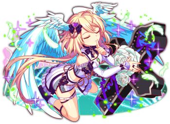 1girl ahoge alternate_costume ankle_boots ankle_socks aqua_eyes aqua_wings artist_request bare_shoulders belt belt_buckle black_boots black_bow black_choker black_garter_straps black_ribbon blonde_hair blush boots bow bow_skirt buckle cel_shading choker cleavage_cutout closed_eyes closed_mouth clothing_cutout coffin crash_fever crop_top cross cross-laced_clothes cross-laced_skirt cross-laced_sleeves detached_sleeves eyelashes feathers finger_to_mouth flower frilled_sleeves frills frown full_body game_cg garter_straps hair_bow hair_ornament half-skirt head_wings heart heart_hair_ornament hexagon honeycomb_(pattern) jewelry juliet_sleeves jung_(crash_fever) leg_belt light_particles long_hair long_sleeves medium_hair midriff miniskirt neck_ribbon number_print numbered official_alternate_costume official_art outline overskirt pencil_skirt pendant print_skirt puffy_sleeves red_outline ribbon ring rose shirt side_slit skirt sleeve_bow sleeveless sleeveless_shirt socks solo sparkle square square_print tachi-e thigh_strap third-party_source transparent_background very_long_hair white_belt white_feathers white_flower white_rose white_shirt white_skirt white_sleeves wings