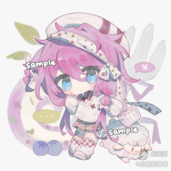 1girl bai_xiong_nailaojuan blue_eyes blush bow braid brown_skirt chibi chibi_only closed_mouth double-parted_bangs full_body hair_between_eyes hair_bow hand_up hat highres long_hair long_sleeves looking_at_viewer mihuashi_username original pleated_skirt purple_hair sample_watermark sheep shoes simple_background skirt socks solo standing sweater watermark white_background white_bow white_hat white_shoes white_socks white_sweater