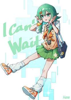 1girl bag bead_necklace beads blush bow bowtie bracelet carrot_hair_ornament cellphone collared_shirt english_text flip_phone food-themed_hair_ornament full_body green_eyes green_hair green_skirt gumi hair_ornament hands_framing_own_cheeks heisei_retro highres i_can't_wait_(synthesizer_v) jewelry kushaaaa4 loose_socks mixed-language_commentary necklace open_mouth orange_bow orange_bowtie orange_shoes orange_vest phone pleated_skirt polka_dot polka_dot_bow shirt shoes short_hair short_sleeves shoulder_bag skirt smile sneakers socks solo song_name star_(symbol) star_print tamagotchi tamagotchi_(classic) vest vocaloid white_shirt white_socks wristband