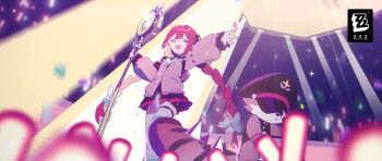 1girl asymmetrical_legwear black_hat black_skirt bow bowtie braid cardigan concert glowstick hand_up hat highres holding holding_microphone_stand kamanosuke_(zenless_zone_zero) long_hair long_sleeves looking_at_viewer low_twin_braids microphone_stand miniskirt official_art open_mouth peaked_cap pink_cardigan raccoon red_hair skirt stage stage_lights tanuki twin_braids ukinami_yuzuha uneven_legwear white_bow white_bowtie yellow_eyes zenless_zone_zero