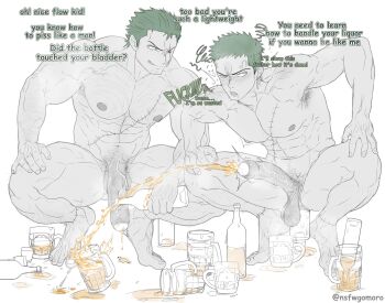 2boys abs age_comparison aged_up anal anal_object_insertion armpit_hair bara bottle chest_hair commentary earrings english_commentary erection feet full_body gomoro_(nsfwgomoro) green_hair greyscale highres holding holding_bottle jewelry looking_at_another male_focus male_pubic_hair monochrome multiple_boys muscular muscular_male nipples object_insertion one_piece paid_reward_available peeing peeing_in_cup penis pubic_hair roronoa_zoro scar scar_on_face short_hair spot_color squatting testicles thick_thighs thighs toenails toes twitter_username yaoi