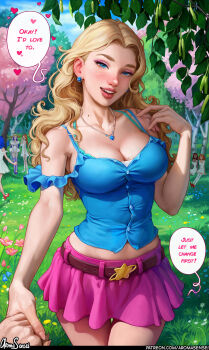 1girl absurdres aqua_footwear aroma_sensei artist_name bare_shoulders belt blonde_hair blue_eyes blue_shirt blush breasts camisole cleavage collarbone contrapposto cowboy_shot english_text eyeshadow forehead forest frilled_shirt frills grass haley_(stardew_valley) hand_up heart highres holding_hands jewelry large_breasts long_hair looking_at_viewer makeup maru_(stardew_valley) midriff_peek miniskirt mole mole_on_breast nature naughty_face necklace nose open_mouth outdoors parted_hair patreon_username penny_(stardew_valley) petals pink_skirt pov pov_hands reaching reaching_towards_viewer shirt shoes skirt smile socks solo_focus speech_bubble standing star_(symbol) stardew_valley thigh_gap watermark wavy_hair web_address white_socks