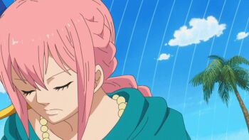 animated animated_gif anime_screenshot armor bikini_armor breasts cape green_cape large_breasts navel one_piece pink_hair rebecca_(one_piece) revealing_clothes