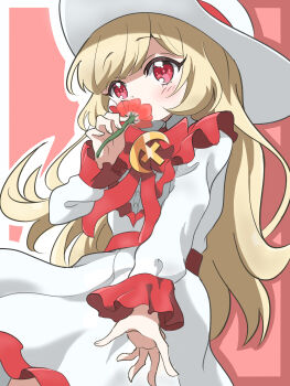 1girl blonde_hair blush border commentary_request covered_mouth cowboy_shot dress ecute flower hat highres holding holding_flower isakuns jashin-chan_dropkick long_hair long_sleeves red_background red_flower smelling smelling_flower solo very_long_hair white_border white_dress white_hat