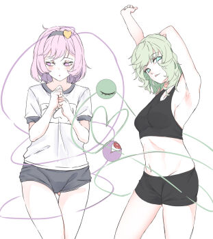 2girls alternate_costume aqua_eyes armpits arms_up averting_eyes bare_arms bike_shorts black_buruma black_hairband black_shorts black_sports_bra bob_cut breasts bright_pupils buruma clenched_hands cowboy_shot crew_neck gluteal_fold green_hair groin gym_shirt gym_uniform hairband heart heart-shaped_pupils heart_hairband heart_of_string highres kanaria_(bcomn) komeiji_koishi komeiji_satori light_blush looking_at_viewer looking_to_the_side medium_breasts midriff multiple_girls name_tag navel own_hands_together parted_lips pink_eyes pink_hair pink_pupils red_eyes shirt short_hair short_shorts short_sleeves shorts siblings sideboob simple_background sisters sports_bra standing stretching symbol-shaped_pupils thigh_gap third_eye touhou white_background white_shirt