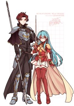 Rule 34 | 1boy, 1girl, 2025, aqua eyes, aqua hair, armor, armored boots, black capelet, black shirt, boots, breastplate, breasts, cape, capelet, closed mouth, commentary request, dot mouth, eirika (fire emblem), fingerless gloves, fire emblem, fire emblem: the sacred stones, full body, gloves, grey armor, grey boots, hand on own chest, height difference, highres, holding, holding polearm, holding sword, holding weapon, long hair, long sleeves, looking at viewer, nintendo, parted bangs, polearm, rapier, red boots, red eyes, red gloves, red hair, red shirt, sayu030b, seth (fire emblem), shirt, short hair, short sleeves, shoulder armor, sidelocks, simple background, skirt, small breasts, spear, standing, sword, thigh boots, thighhighs, watermark, weapon, white background, white skirt, yellow armor, yellow cape, zettai ryouiki