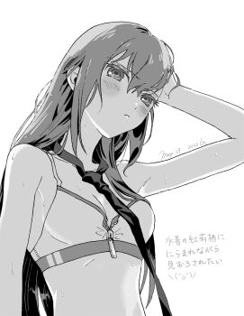Rule 34 | 1girl, bare shoulders, bikini, blush, breasts, closed mouth, collarbone, commentary request, frown, greyscale, highres, long hair, looking at viewer, loose necktie, makise kurisu, monochrome, necktie, ringed eyes, rocni, science adventure, simple background, small breasts, solo, steins;gate, swimsuit, upper body, wet, wet hair, white background, zipper bikini