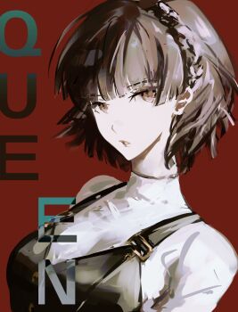 1girl black_vest blunt_bangs braid breasts brown_eyes brown_hair character_name commentary_request crown_braid highres k1kiwa looking_at_viewer medium_breasts niijima_makoto parted_lips persona persona_5 portrait red_background school_uniform shirt short_hair shuujin_academy_school_uniform simple_background solo turtleneck turtleneck_shirt vest white_shirt