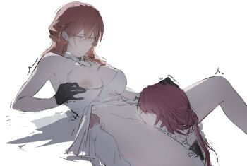 2girls between_legs black_gloves blush breasts brenn_(idwytl) closed_eyes clothes_lift commentary cunnilingus dress dress_lift english_commentary gloves hand_on_another&#039;s_head highres himeko_(honkai:_star_rail) honkai:_star_rail honkai_(series) kafka_(honkai:_star_rail) large_breasts long_hair multiple_girls nipples no_panties one_breast_out oral parted_lips ponytail purple_hair pussy_juice red_hair simple_background white_background white_dress yuri