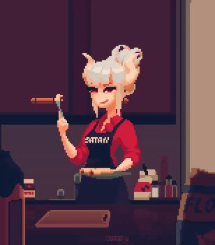 1girl animated animated_gif apron cutting_board demon demon_tail eating english_text food helltaker horns javier_guerrero kitchen lucifer_(helltaker) pancake pixel_art ponytail red_eyes tail white_hair