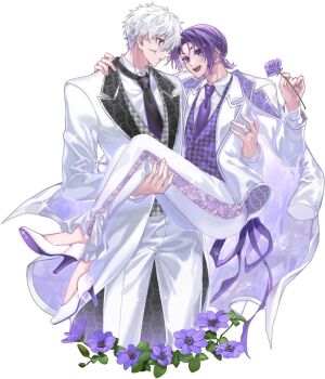 Rule 34 | 06 yomogi 26, 2boys, blue lock, carrying, carrying person, commentary request, flower, formal clothes, high heels, highres, holding, holding flower, jewelry, male focus, mikage reo, multiple boys, nagi seishirou, necktie, open mouth, princess carry, purple eyes, purple flower, purple hair, ring, suit, white background, white hair, yaoi