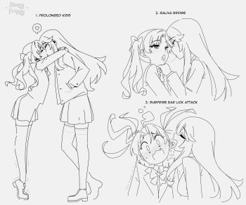 2girls absurdres artist_logo blazer commentary ear_licking english_commentary english_text greyscale hands_in_pockets heart height_difference highres jacket kiss licking lineart logo long_hair monochrome multiple_girls multiple_views saliva saliva_trail school_uniform shirai_kuroko shokuhou_misaki simple_background skirt sleepy_frippy spoken_heart surprised thighhighs tiptoes toaru_kagaku_no_mental_out toaru_kagaku_no_railgun toaru_majutsu_no_index tokiwadai_school_uniform twintails very_long_hair winter_uniform yuri