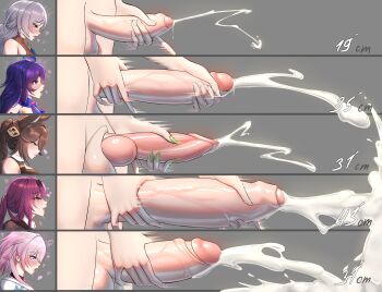 5futa absurdres ahoge animal_ears animal_penis blush bronya_rand brown_hair closed_mouth cum ejaculation erection eyewear_on_head fingernails foreskin fox_ears futanari futanari_masturbation green_nails grey_hair heart highres honkai:_star_rail honkai_(series) huge_penis kafka_(honkai:_star_rail) knotted_penis large_penis long_fingernails long_hair march_7th_(honkai:_star_rail) masturbation multiple_futa open_mouth penis penis_chart penis_size_difference phimosis pink_hair projectile_cum purple_hair seele_(honkai:_star_rail) testicles tingyun_(honkai:_star_rail) uncensored veins veiny_penis vovock