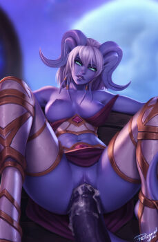 1boy 1girl animal_penis blue_eyes blue_sclera blue_skin blue_sky blurry blurry_background breasts breasts_out clothes_lift colored_sclera colored_skin corset cum draenei head_tilt hetero highres hooves horse_penis large_breasts looking_at_viewer medium_hair midriff monster_girl navel nipples outdoors parted_lips penis personal_ami pussy red_skirt sex signature sitting skirt skirt_lift sky smile spread_legs tail tail_ornament tail_ring tentacle_sex tentacles thighhighs uncensored vaginal warcraft white_hair white_thighhighs world_of_warcraft yrel