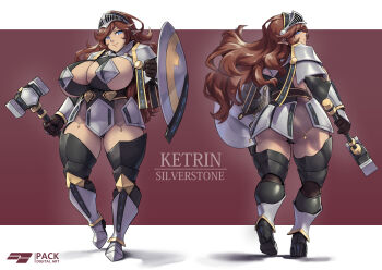 1girl armor ass breasts cleavage clenched_hands closed_mouth dwarf from_behind full_body gloves hammer highres holding holding_hammer holding_shield holding_weapon huge_breasts leg_armor long_hair looking_at_viewer looking_back looking_to_the_side original packge shield shoulder_armor weapon