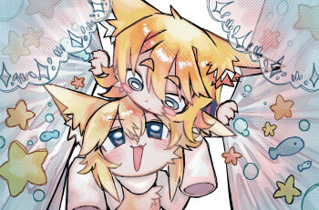2girls :3 animal_ears blonde_hair blue_eyes blush blush_stickers bright_pupils cat_ears cat_girl commentary_request cookie_(touhou) fish highres kemonomimi_mode kirisame_marisa looking_at_another meguru_(cookie) melanin_shikiso multiple_girls open_mouth shirt short_hair sleeves_past_fingers sleeves_past_wrists smile star_(symbol) touhou upper_body v-shaped_eyebrows white_pupils white_shirt yuuhi_(cookie)