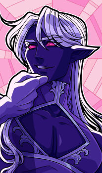 1boy cleavage_cutout clothing_cutout dark_skin drow elf fingers_to_chin grin highres koshetz long_hair looking_to_the_side male_focus original pointy_ears red_eyes smile smirk solid_eyes white_hair