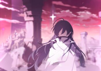 Rule 34 | 1girl, ahoge, bishop (chess), black hair, character request, chess piece, cloud, facing viewer, game cg, highres, jewelry, long hair, monolith (object), necklace, no eyes, non-web source, official art, outdoors, pointy ears, red sky, sky, solo, stella sora, very long hair