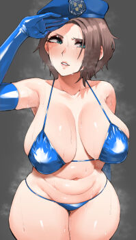 1girl bikini breasts hat jill_valentine large_breasts navel police_hat resident_evil resident_evil_3:_nemesis resident_evil_3_(remake) short_hair solo stomach sweat swimsuit thick_thighs thighs yonyon_(yotayota_honpo)