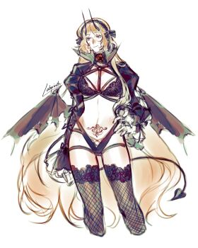 1girl black_bow black_bra black_choker black_panties black_shrug black_thighhighs bow bra choker closed_mouth demon_girl demon_horns demon_tail demon_wings fishnet_thighhighs fishnets frilled_sleeves frills gloves green_eyes hair_bow highres horns ishmael_(project_moon) labyrinth6868 lace lace-trimmed_thighhighs lace_trim limbus_company long_hair low_wings orange_hair panties project_moon pubic_tattoo shrug_(clothing) sidelocks simple_background smile solo tail tattoo thighhighs underwear very_long_hair white_background white_gloves wings