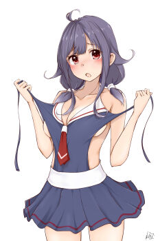 1girl absurdres black_one-piece_swimsuit black_skirt breasts casual_one-piece_swimsuit commentary_request cowboy_shot hair_flaps highres kantai_collection large_breasts long_hair low_twintails monokini neckerchief neve_(morris-minicooper) one-piece_swimsuit purple_hair red_eyes red_neckerchief sailor_collar sailor_one-piece_swimsuit shiratsuyu-class_swimsuit simple_background skirt solo swimsuit swimsuit_skirt taigei_(kancolle) twintails white_background white_sailor_collar