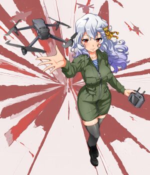 absurdres aircraft alpha_(alpha_1918) black_footwear black_thighhighs blush collarbone colored_skin controller cross-laced_footwear curly_hair dji_mavic drone dynamic_pose fluffy fluffy_hair from_above green_jumpsuit hair_ornament highres holding holding_controller jumpsuit light_smile long_hair long_sleeves military military_uniform miniskirt nisp_art official_art original outstretched_arm outstretched_hand pocket quadcopter red_eyes russia russian_empire russian_ground_forces russo-ukrainian_war shirt shoes skirt striped_clothes striped_shirt telnyashka thighhighs undershirt unmanned_aerial_vehicle war white_hair white_skin zipper zipper_skirt