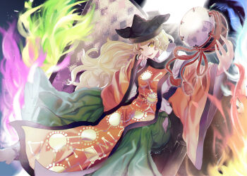 1girl black_hat blonde_hair clothing_cutout commentary_request constellation_print drum energy green_skirt hat head_rest highres hip_vent instrument ishikawa_sparerib long_hair looking_at_viewer matara_okina open_mouth orange_tabard skirt solo sun_print tabard touhou wide_sleeves yellow_eyes