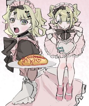 1girl alternate_costume apron black_bow black_bowtie black_choker bow bowtie choker commentary dress enmaided food hair_bow highres looking_at_viewer maid maid_apron maid_headdress multiple_hair_clips omelet omurice open_mouth ox_xohappy pink_dress pink_shoes shoes short_hair sunna_(zenless_zone_zero) symbol-only_commentary zenless_zone_zero